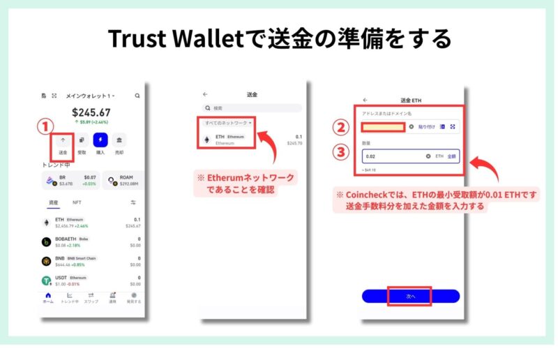 Trust Walletで送金前に準備をしている画面
